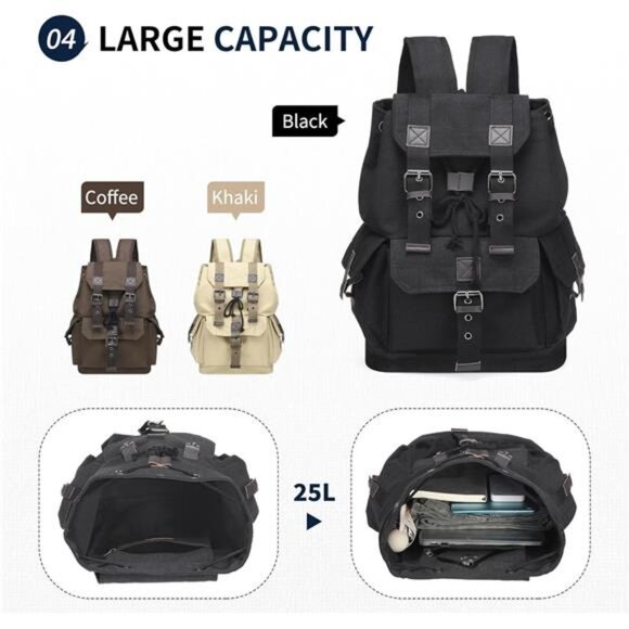 Retro Canvas Backpack for Men Black - Picture 6 of 8